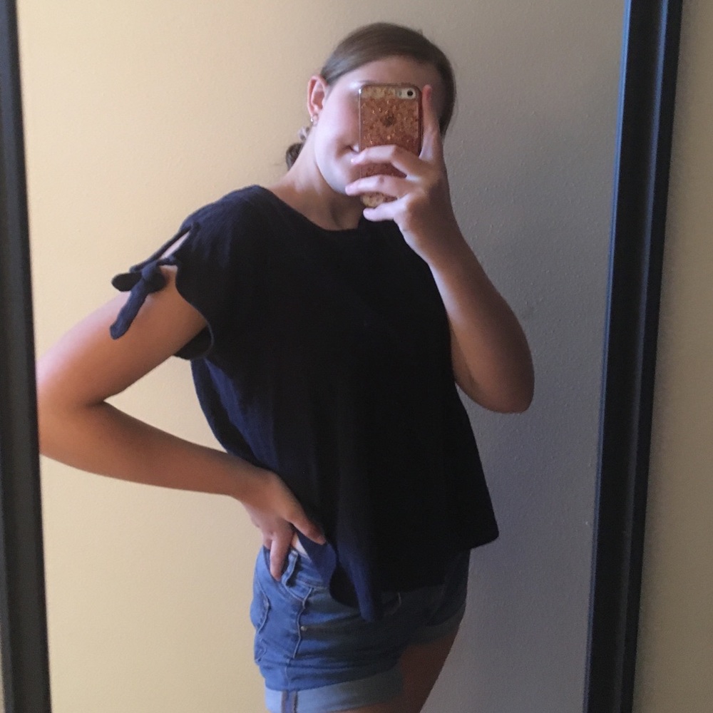 Navy Blue Crop Top with Tie Sleeves